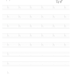 May include: A black and white educational handwriting practice worksheet featuring the letter h in dashed lines for tracing. The page includes the word horse and a line drawing of a horse and foal at the top, followed by rows of dashed letter h.