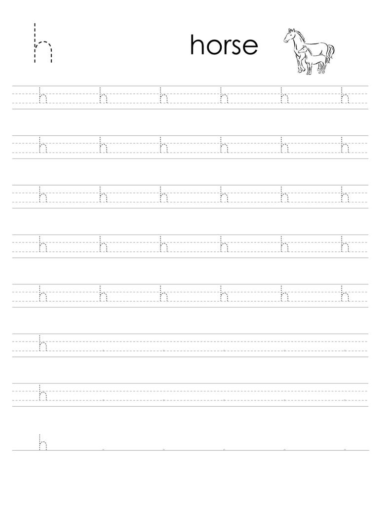 May include: A black and white educational handwriting practice worksheet featuring the letter h in dashed lines for tracing. The page includes the word horse and a line drawing of a horse and foal at the top, followed by rows of dashed letter h.