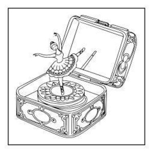 A line drawing of an open music box with a ballerina dancing inside, surrounded by decorative patterns.