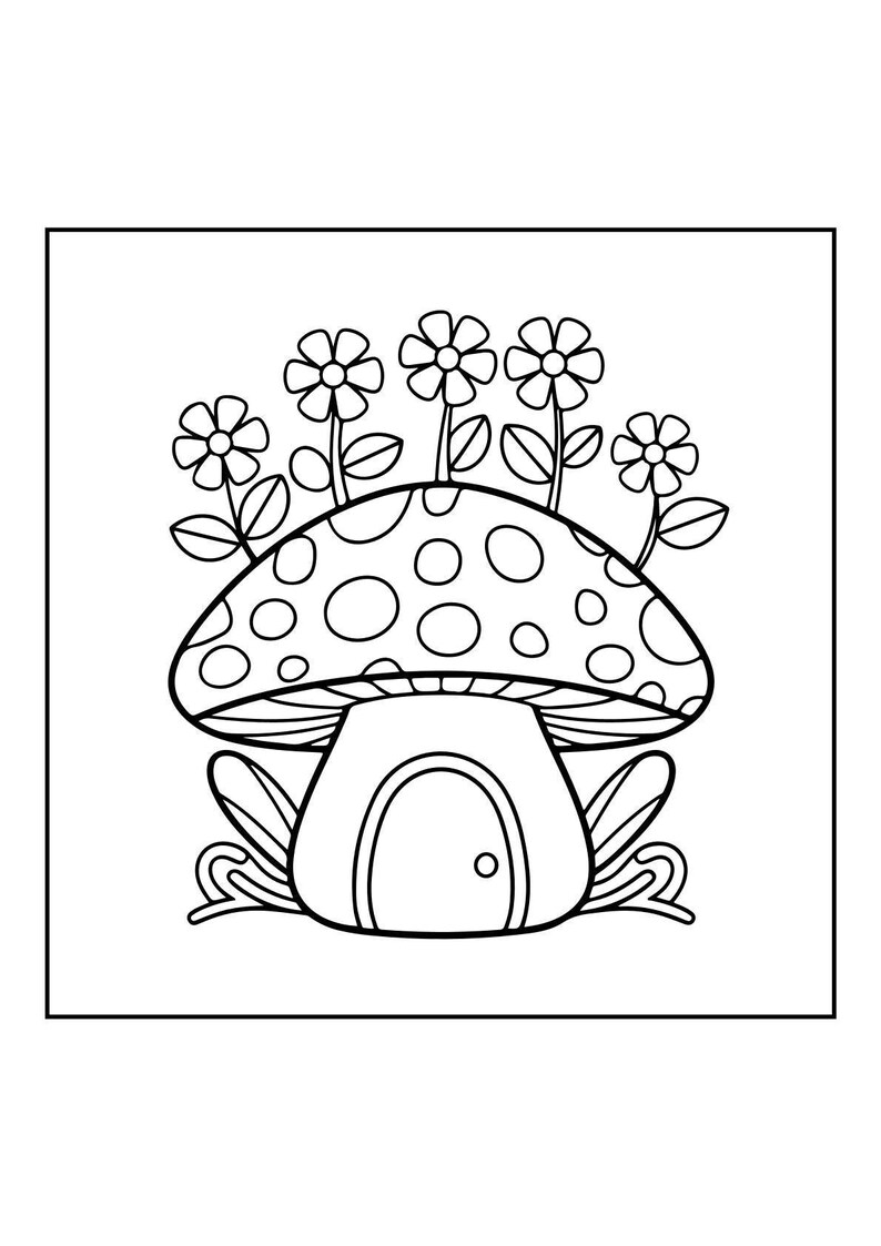 A line art coloring page features a mushroom house with a door and a spotted cap, topped with five flowers and surrounded by grass.