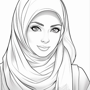 K&ouml;nnte beinhalten: Eine schwarz-wei&szlig;e Strichzeichnung einer Person mit Hijab. Die Darstellung zeigt detaillierte Gesichtsz&uuml;ge, einschlie&szlig;lich definierter Augenbrauen, Wimpern und eines sanften L&auml;chelns. Der Stoff der Kopfbedeckung weist weiche Falten und Schattierungen auf.