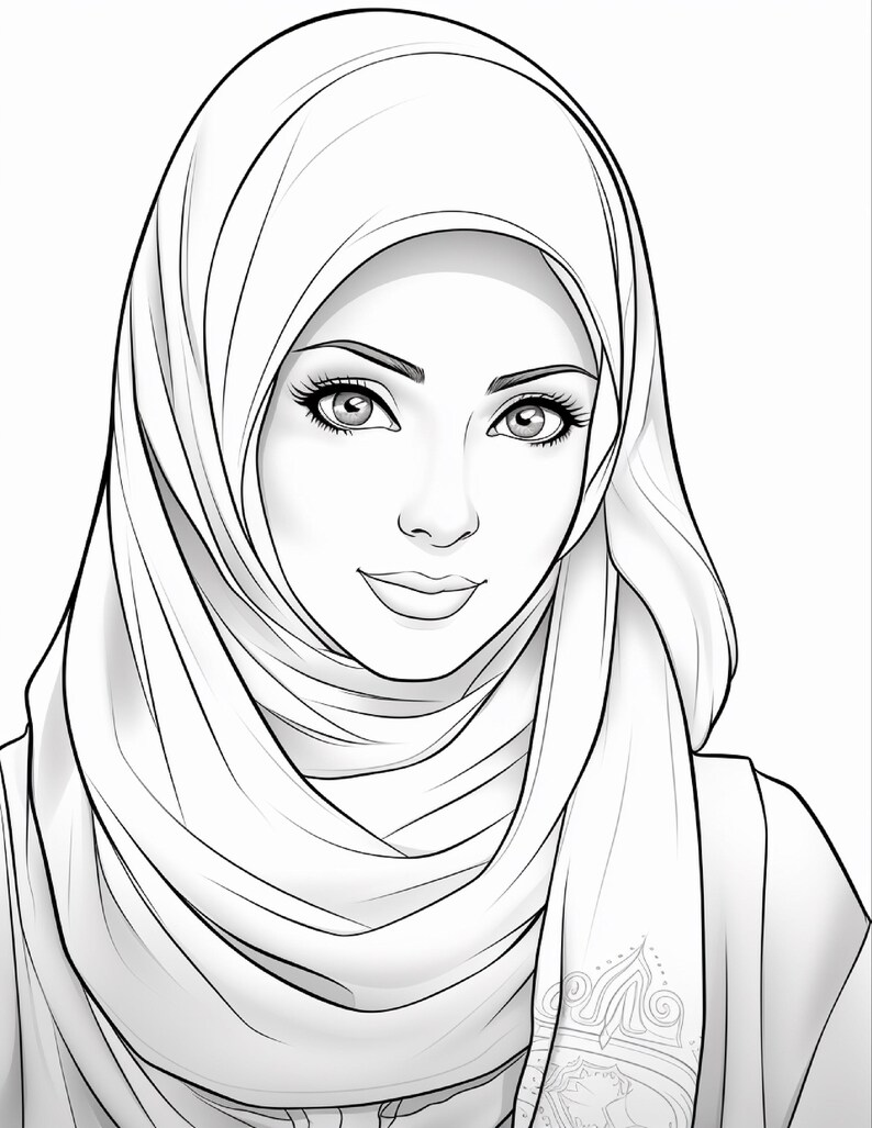 K&ouml;nnte beinhalten: Eine schwarz-wei&szlig;e Strichzeichnung einer Person mit Hijab. Die Darstellung zeigt detaillierte Gesichtsz&uuml;ge, einschlie&szlig;lich definierter Augenbrauen, Wimpern und eines sanften L&auml;chelns. Der Stoff der Kopfbedeckung weist weiche Falten und Schattierungen auf.