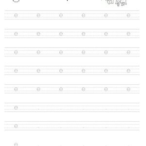May include: A black and white educational handwriting practice worksheet featuring the lowercase letter e in dashed lines for tracing. The page includes the word elephant and a line drawing of an adult elephant with a calf at the top.