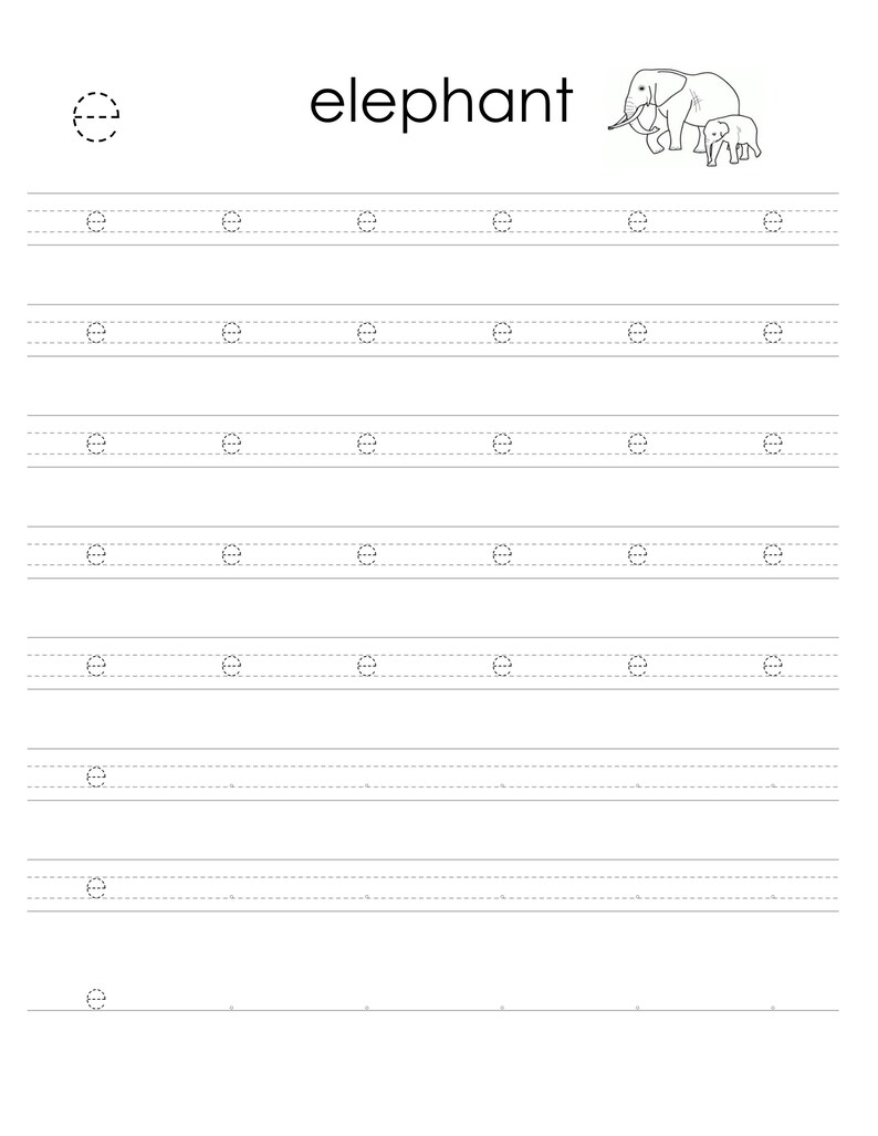 May include: A black and white educational handwriting practice worksheet featuring the lowercase letter e in dashed lines for tracing. The page includes the word elephant and a line drawing of an adult elephant with a calf at the top.