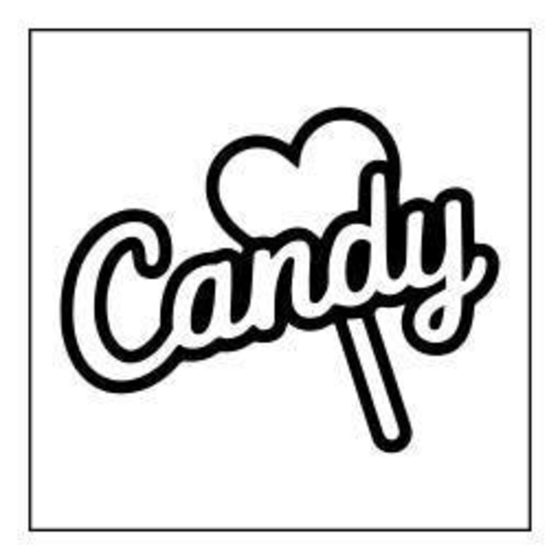 A line drawing of the word "Candy" in a script font, with a heart on a stick.