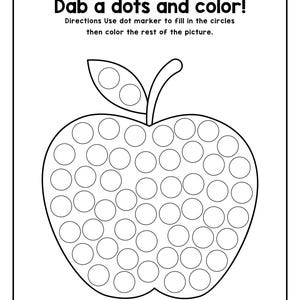 A printable coloring worksheet featuring an outline of an apple filled with circles for dot markers and instructions to dab dots and color.