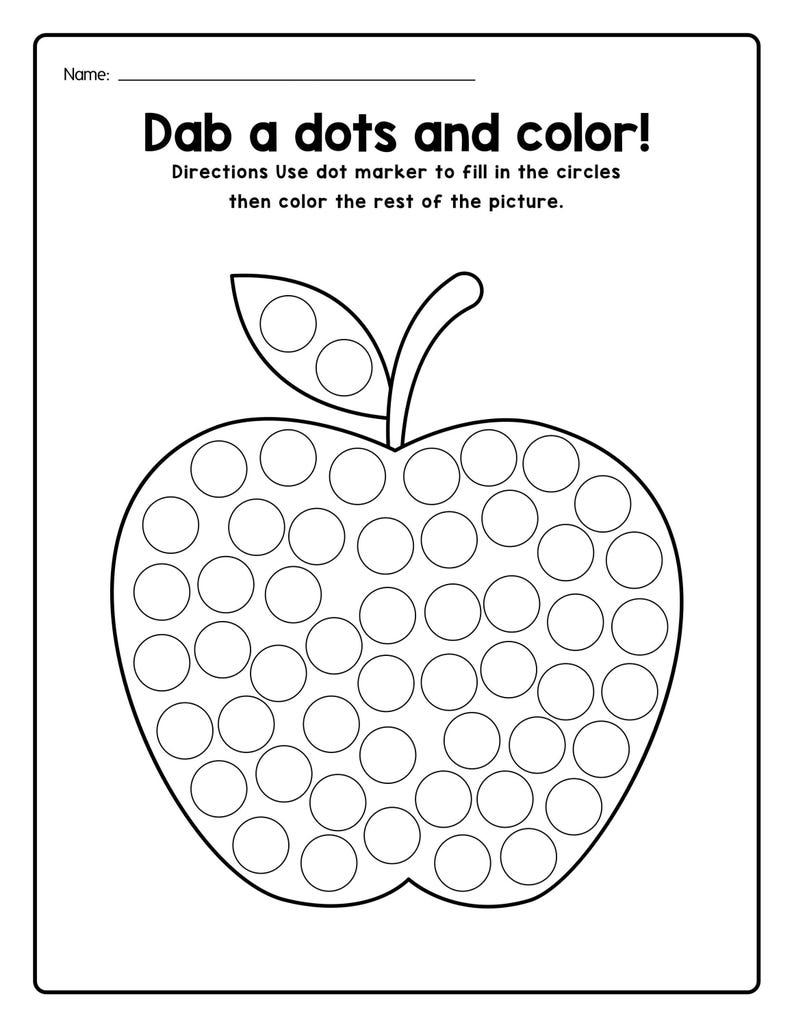 A printable coloring worksheet featuring an outline of an apple filled with circles for dot markers and instructions to dab dots and color.