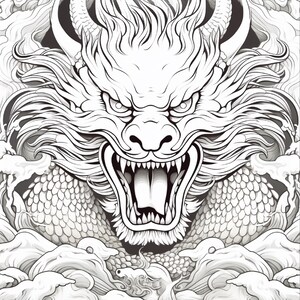 May include: A black and white line art illustration of a dragon head with an open mouth showing sharp teeth. The dragon features detailed scales, flowing whiskers, and horns, surrounded by stylized swirling clouds and waves in a graphic style.