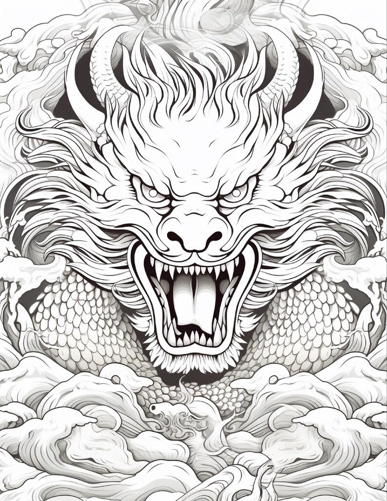 May include: A black and white line art illustration of a dragon head with an open mouth showing sharp teeth. The dragon features detailed scales, flowing whiskers, and horns, surrounded by stylized swirling clouds and waves in a graphic style.