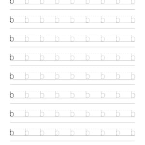 May include: A white educational handwriting practice worksheet featuring nine horizontal rows. Each row begins with a solid black lowercase letter b, followed by eight dotted-line versions of the same letter for tracing purposes.