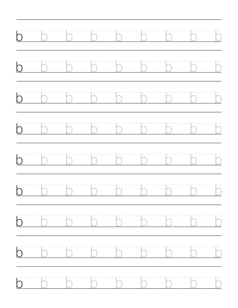 May include: A white educational handwriting practice worksheet featuring nine horizontal rows. Each row begins with a solid black lowercase letter b, followed by eight dotted-line versions of the same letter for tracing purposes.