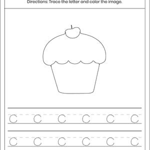 May include: A black and white educational worksheet titled Letter Tracing with the text Directions: Trace the letter and color the image. It features a line drawing of a cupcake and three rows of the uppercase letter C in a dotted font.