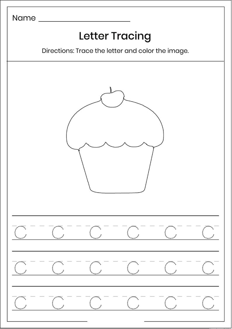 May include: A black and white educational worksheet titled Letter Tracing with the text Directions: Trace the letter and color the image. It features a line drawing of a cupcake and three rows of the uppercase letter C in a dotted font.