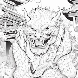 May include: A black and white line art illustration featuring a mythical lion-like creature with scales, horns, and a fierce expression. The creature is positioned in the foreground with traditional East Asian architectural buildings in the background.