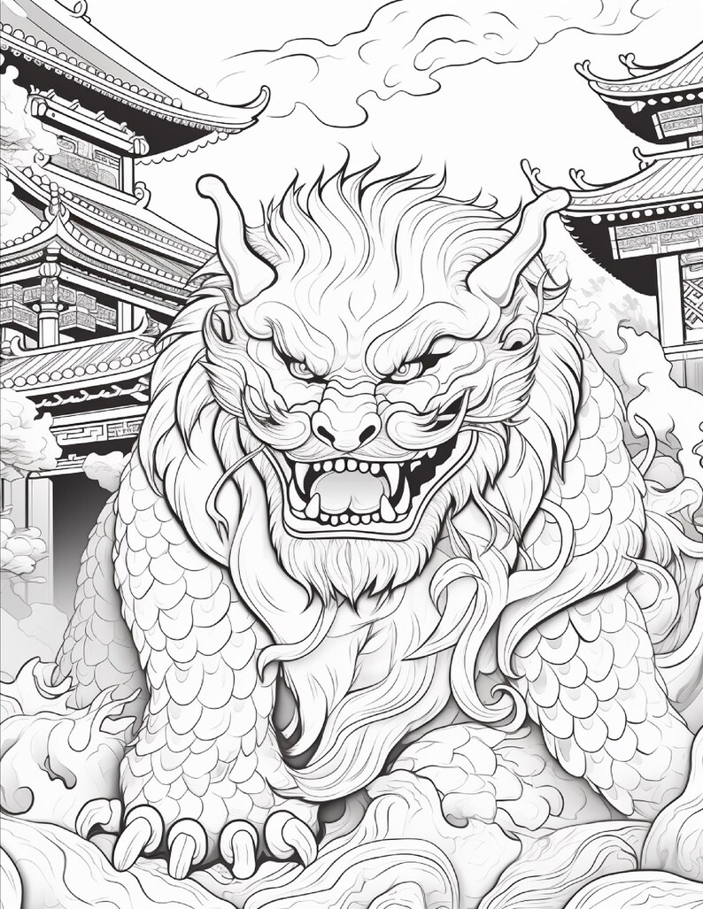 May include: A black and white line art illustration featuring a mythical lion-like creature with scales, horns, and a fierce expression. The creature is positioned in the foreground with traditional East Asian architectural buildings in the background.