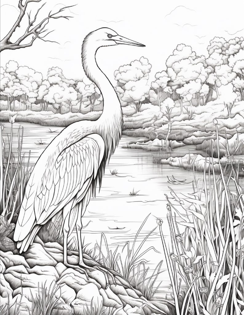 K&ouml;nnte beinhalten: Eine schwarz-wei&szlig;e Strichzeichnung eines gro&szlig;en Reihers, der auf einem felsigen Ufer an einem ruhigen Fluss steht. Das Bild zeigt detaillierte Federn am Vogel, hohes Schilf im Vordergrund und einen dichten Wald im Hintergrund.