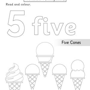 Puede incluir: Una hoja de trabajo educativa en blanco y negro titulada Worksheet 1 (Recognition) que presenta el n&uacute;mero 5 y la palabra five en fuente de contorno. Debajo, cinco ilustraciones de conos de helado para colorear, con espacio para la fecha.