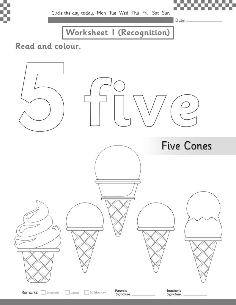 Puede incluir: Una hoja de trabajo educativa en blanco y negro titulada Worksheet 1 (Recognition) que presenta el n&uacute;mero 5 y la palabra five en fuente de contorno. Debajo, cinco ilustraciones de conos de helado para colorear, con espacio para la fecha.