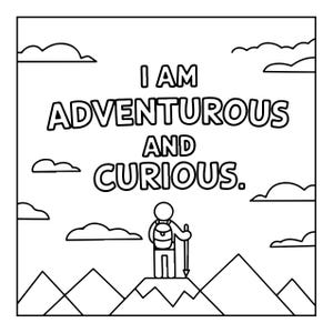 Pu&ograve; includere: Un'illustrazione in bianco e nero a linee che mostra un escursionista stilizzato con zaino e bastone da passeggio in piedi su una cima di montagna. Il testo I AM ADVENTUROUS AND CURIOUS &egrave; centrato sopra, circondato da semplici nuvole.