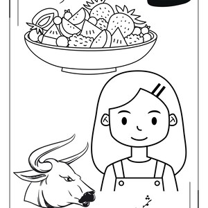 May include: A black and white colouring page featuring a bowl of assorted fruit, a person with shoulder-length hair, and a bull head. The Arabic letter sheen is displayed in the top right corner, with the Arabic words thamar, thaman, and thawr.