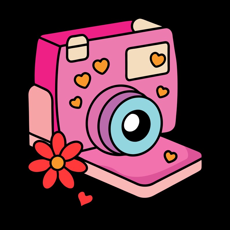 May include: A pink instant camera illustration featuring a light blue lens, several small orange heart icons scattered across the body, and a large red flower with an orange centre positioned at the bottom left corner of the camera frame.