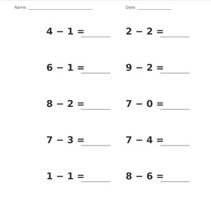 May include: A white educational worksheet titled Subtraction &bull; Single Digit with a gray header. It features ten single-digit subtraction problems with blank lines for answers, along with spaces for a name and date, and Page 3 of 100 at the bottom.