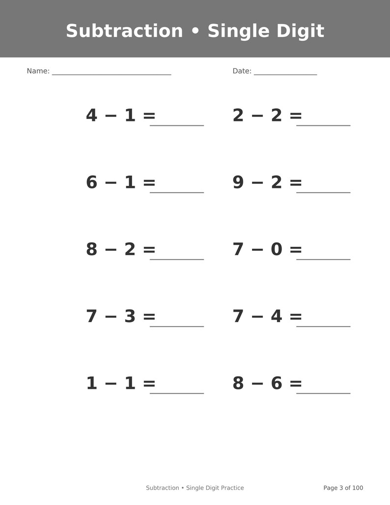 May include: A white educational worksheet titled Subtraction &bull; Single Digit with a gray header. It features ten single-digit subtraction problems with blank lines for answers, along with spaces for a name and date, and Page 3 of 100 at the bottom.
