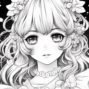 May include: A black and white line art illustration of a character with large eyes, wavy hair adorned with floral accessories, and a ruffled collar. The background features a dark sky filled with small white stars and circular dots.