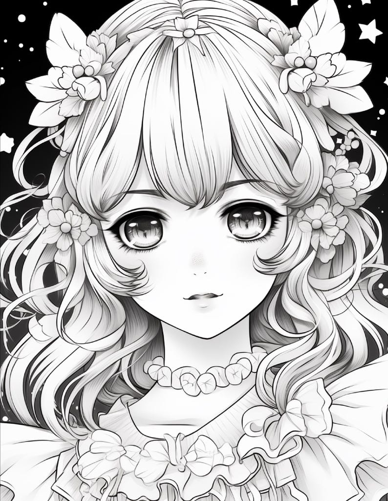 May include: A black and white line art illustration of a character with large eyes, wavy hair adorned with floral accessories, and a ruffled collar. The background features a dark sky filled with small white stars and circular dots.