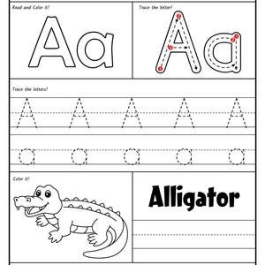 A printable worksheet page for the letter A featuring uppercase and lowercase tracing guides, a coloring picture of an alligator, and letter recognition circles at the bottom.