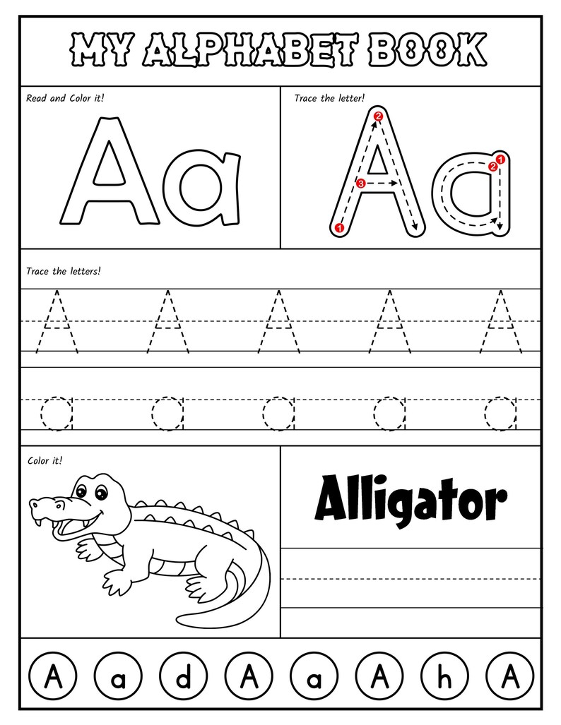 A printable worksheet page for the letter A featuring uppercase and lowercase tracing guides, a coloring picture of an alligator, and letter recognition circles at the bottom.