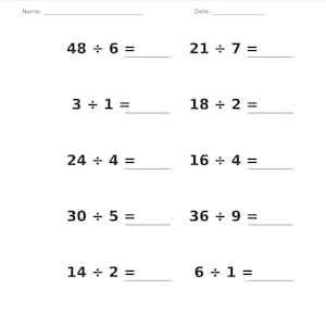 May include: A math worksheet titled Division &bull; Single Digit with blank lines for Name and Date. It features ten division problems including 48 &divide; 6, 21 &divide; 7, 3 &divide; 1, 18 &divide; 2, 24 &divide; 4, 16 &divide; 4, 30 &divide; 5, 36 &divide; 9, 14 &divide; 2, and 6 &divide; 1. The footer reads Division &bull; Single Digit Practice Page 4 of 100.
