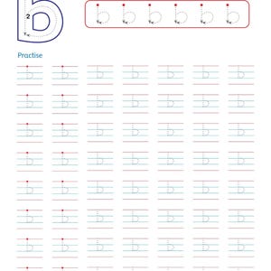 以下が含まれることがあります： Read and trace the small case letter 'b'というテキストが書かれた白い学習用ワークシート。書き順を示す番号付きの矢印がある大きな青い「b」、点線の「b」が6つ並んだ行、そして練習用の「b」が10行配置されています。