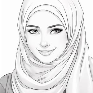 Pu&ograve; includere: Un'illustrazione in bianco e nero a tratto di una persona che indossa un hijab. Il ritratto presenta tratti del viso dettagliati, tra cui sopracciglia definite, ciglia lunghe e un sorriso accennato, con il velo drappeggiato attorno al capo.
