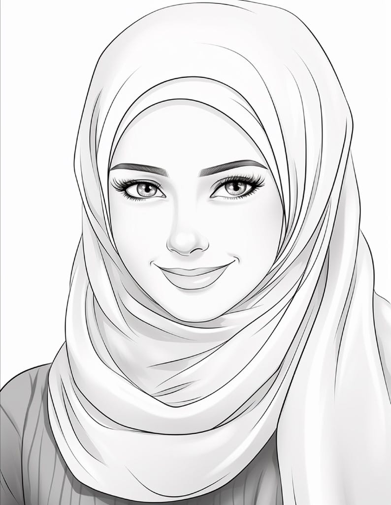 Pu&ograve; includere: Un'illustrazione in bianco e nero a tratto di una persona che indossa un hijab. Il ritratto presenta tratti del viso dettagliati, tra cui sopracciglia definite, ciglia lunghe e un sorriso accennato, con il velo drappeggiato attorno al capo.