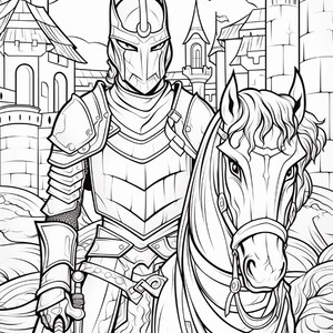 K&ouml;nnte beinhalten: Eine schwarz-wei&szlig;e Ausmalbild-Illustration, die einen Ritter in vollst&auml;ndiger Plattenr&uuml;stung auf einem Pferd zeigt. Der Ritter tr&auml;gt einen Helm und h&auml;lt die Z&uuml;gel, w&auml;hrend im Hintergrund eine Burg mit T&uuml;rmen und Zinnen zu sehen ist.