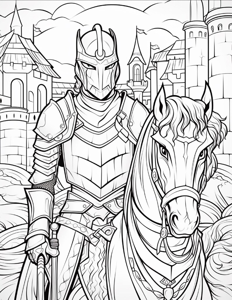 K&ouml;nnte beinhalten: Eine schwarz-wei&szlig;e Ausmalbild-Illustration, die einen Ritter in vollst&auml;ndiger Plattenr&uuml;stung auf einem Pferd zeigt. Der Ritter tr&auml;gt einen Helm und h&auml;lt die Z&uuml;gel, w&auml;hrend im Hintergrund eine Burg mit T&uuml;rmen und Zinnen zu sehen ist.