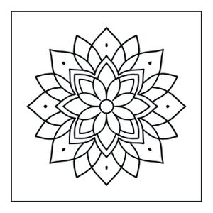 Pu&ograve; includere: Un disegno a linee bianche e nere di un motivo mandala floreale simmetrico. Il design presenta un cerchio centrale circondato da pi&ugrave; strati di forme appuntite simili a petali, con piccoli punti centrati all'interno dei petali pi&ugrave; esterni.