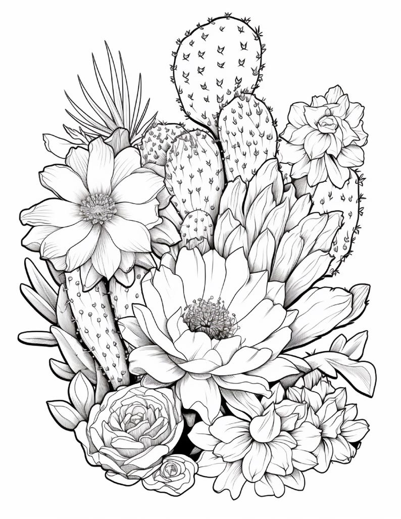 Pode incluir: Uma ilustra&ccedil;&atilde;o de arte linear em preto e branco apresentando um grupo de v&aacute;rios cactos e suculentas. O desenho inclui v&aacute;rias flores desabrochando com p&eacute;talas detalhadas, paletas de cactos espinhosas e folhas de suculentas em camadas.
