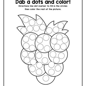 A black and white printable coloring worksheet featuring an outline of a bunch of grapes filled with dot marker circles.