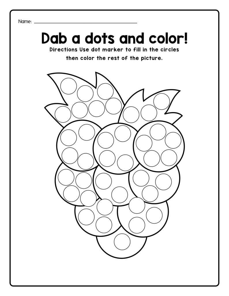A black and white printable coloring worksheet featuring an outline of a bunch of grapes filled with dot marker circles.