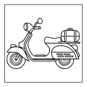 K&ouml;nnte beinhalten: Eine schwarz-wei&szlig;e Strichzeichnung eines klassischen Motorrollers in der Seitenansicht. Der Roller verf&uuml;gt &uuml;ber einen runden Scheinwerfer, einen einzelnen R&uuml;ckspiegel, einen geformten Sitz und einen rechteckigen Koffer auf dem Gep&auml;cktr&auml;ger.
