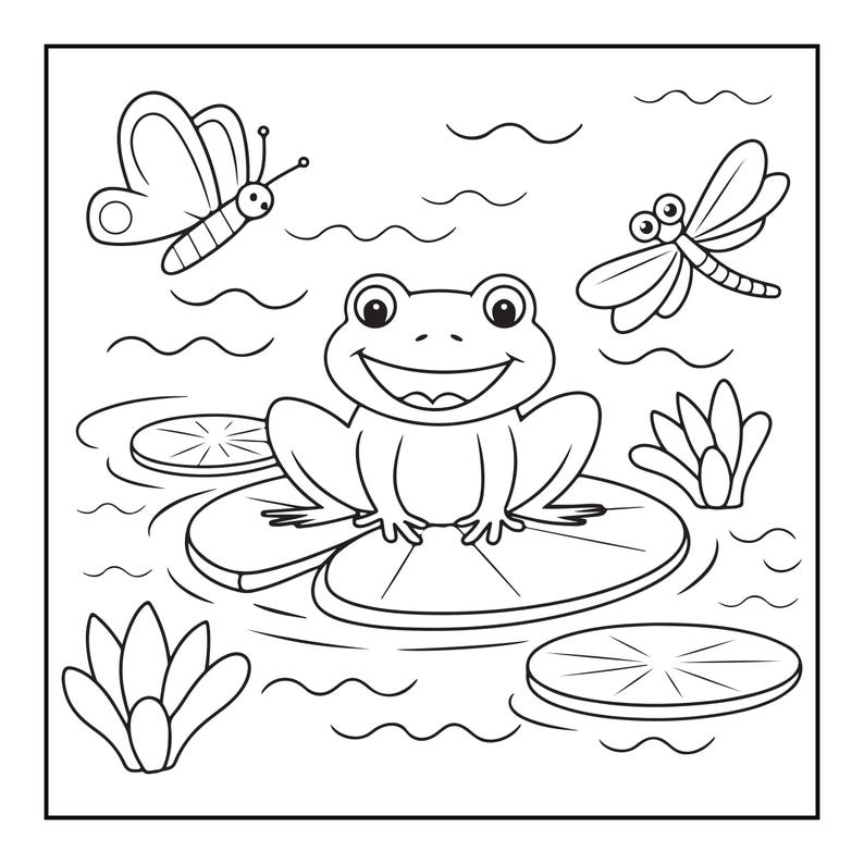 May include: A black and white line art illustration featuring a smiling frog sitting on a large lily pad in a pond. The scene includes a butterfly, a dragonfly, two additional lily pads, and two water plants, all surrounded by wavy water lines.