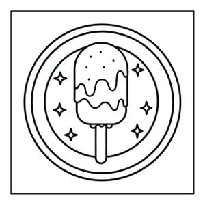 Op de afbeelding: Een zwart-witte lijntekening van een ijsje op een stokje, met een druipend glazuur en kleine stippen op het bovenste gedeelte. Het ijsje is gecentreerd in een cirkelvormig kader omringd door vierpuntige sterren op een witte achtergrond.