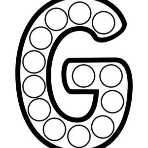 A black and white outline of the uppercase letter G containing blank circles arranged around its curved frame.