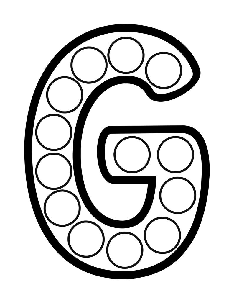 A black and white outline of the uppercase letter G containing blank circles arranged around its curved frame.