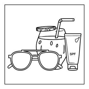 May include: A black and white line art illustration featuring a pair of sunglasses with a double bridge, a glass containing a beverage with a straw and a circular garnish, and a squeeze tube labelled with the text SPF on the front surface.