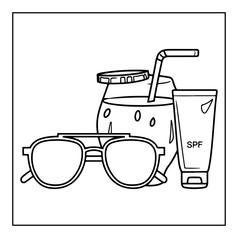 May include: A black and white line art illustration featuring a pair of sunglasses with a double bridge, a glass containing a beverage with a straw and a circular garnish, and a squeeze tube labelled with the text SPF on the front surface.