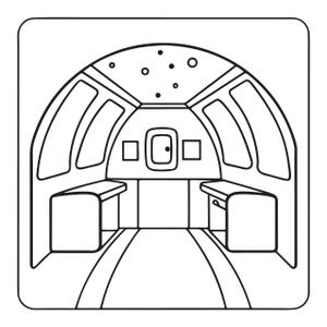 May include: A black and white line art illustration depicting the interior of an aircraft cabin. The view shows a central aisle, two rows of seats on either side, overhead storage compartments, and a small window on the back wall with stars above.