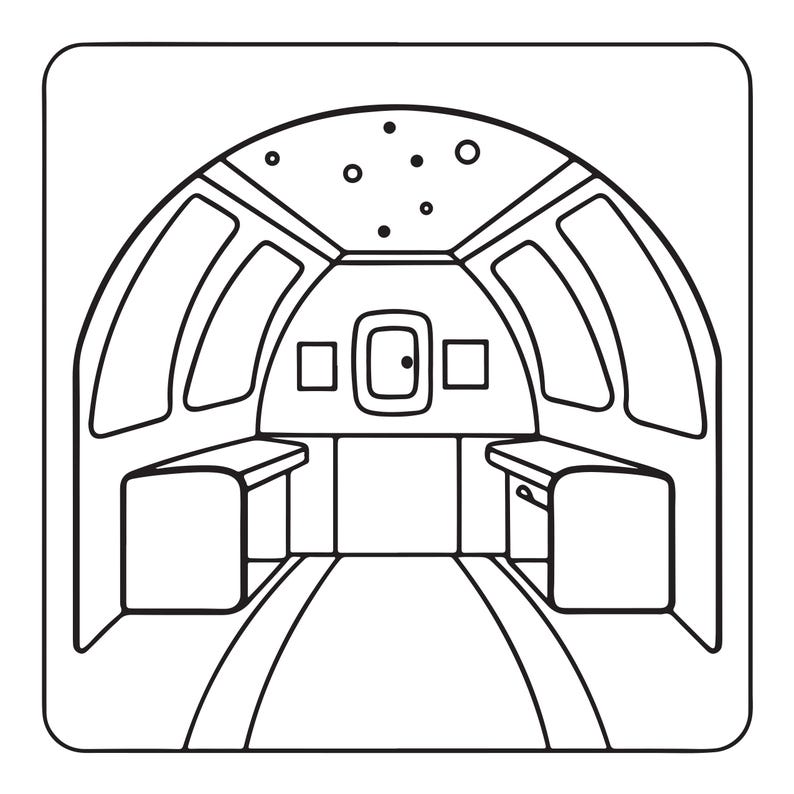 May include: A black and white line art illustration depicting the interior of an aircraft cabin. The view shows a central aisle, two rows of seats on either side, overhead storage compartments, and a small window on the back wall with stars above.